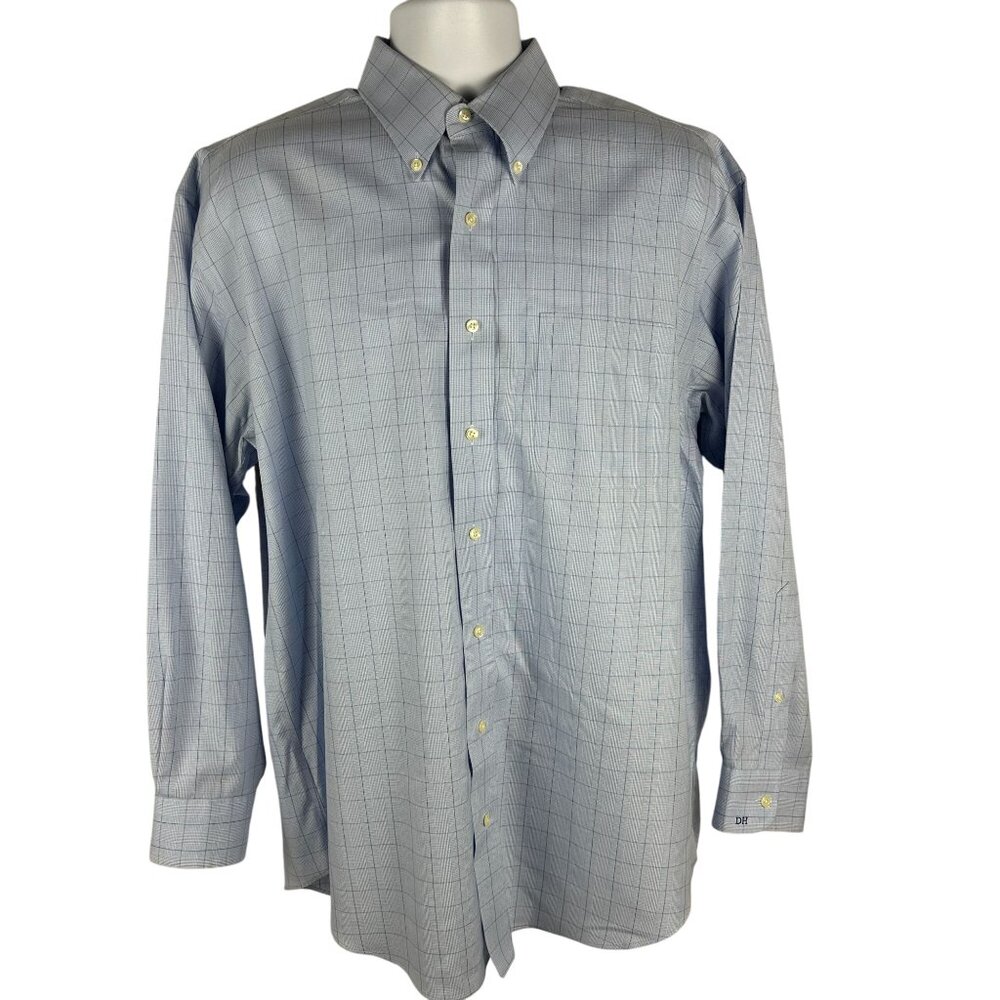 Jos A Bank Travelers Collection Mens Checkered Long Sleeve Shirt Size 16 Blue